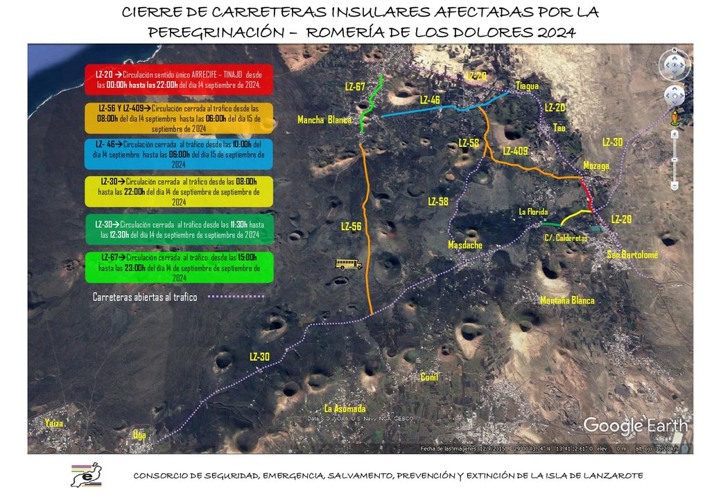 Mapa con los cortes de las carreteras.